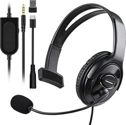 Joso One Ear Wired Headset with Mic: USB-C/A Chat Headphone for PS5 Xbox PC Mac