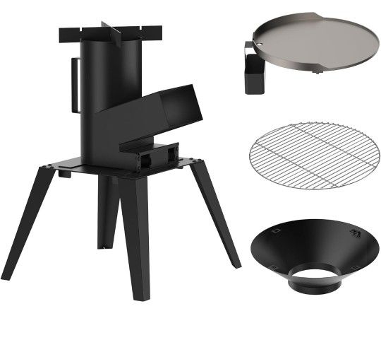 3-in-1 Camp Rocket Stove Kit with BBQ Grate, Griddle, Pot Rack, Portable Wood Burning Stove with Detachable Stand, Camping Gear for Outdoor Cooking Pa