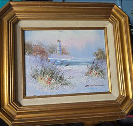 Beach Lighthouse Artistic Interiors Authenticated Oil