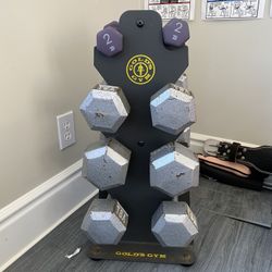 Dumbbells with Gold’s Gym Rack 2x25, 2x20, 2x15 150# Total