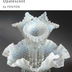 Antique Fenton Diamond Lace Hobnail Opalescent Glass Flower Epergne Vase