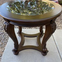 Round Accent End Table Glass Top Brown Finish Medallion Bronze