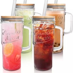 ANOTION Glass Cups with Lids and Straws - 24oz Tumbler Transparent Set Of 4