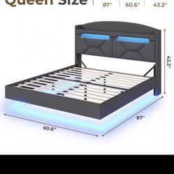 Floating Bed Frame QueenSize With Charging Station, Storage Headboard, LED Upholstered Platform Bed, Dark Gray