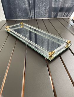 Vintage Retro Vanity Rectangle Mirror Tray Toledo Plate Lucite Handles 16 × 6