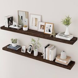 Wood Floating Shelves for Wall Set of 2, 48 Inch Wide Rustic Wooden Floating Shelves, Invisible Wall Mounted Display for Living Room Bedroom Kitchen B
