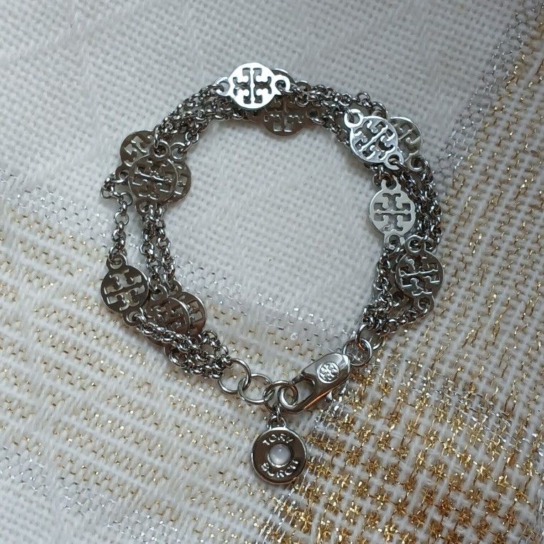 TORY BURCH Triple Strand Silver Logo Bracelet