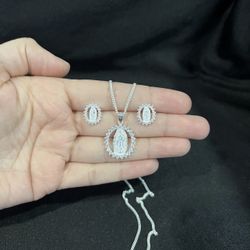 .925 Sterling Silver Virgin Virgen Mary CZ Pendant Curb Necklace & Earrings SET