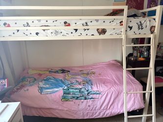 White Wood Bunk Bed Frame with one mattress