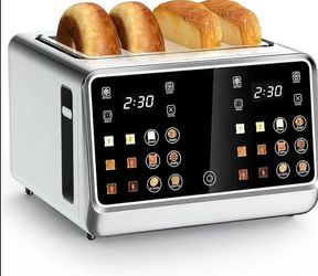 4-Slice Digital Smart Stainless Steel Toaster - Touchscreen Dual Control Panel, Single Slot Timer, Reheat/Defrost Functions for Bagels, Bread, Durable