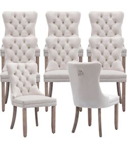 Beige Velvet Dining Chairs Set of 8, Kitchen & Dining Room Chairs Set of 8, Tufted Dining Chair, Velvet Upholstered Dining Chairs, Solid Wood Frame (B