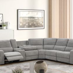Light Gray Chenille Fabric Power Reclining Sectional Sofa with Storage Console and USB Ports – Oversized Modular Recliner Sofa with Cup Holders 