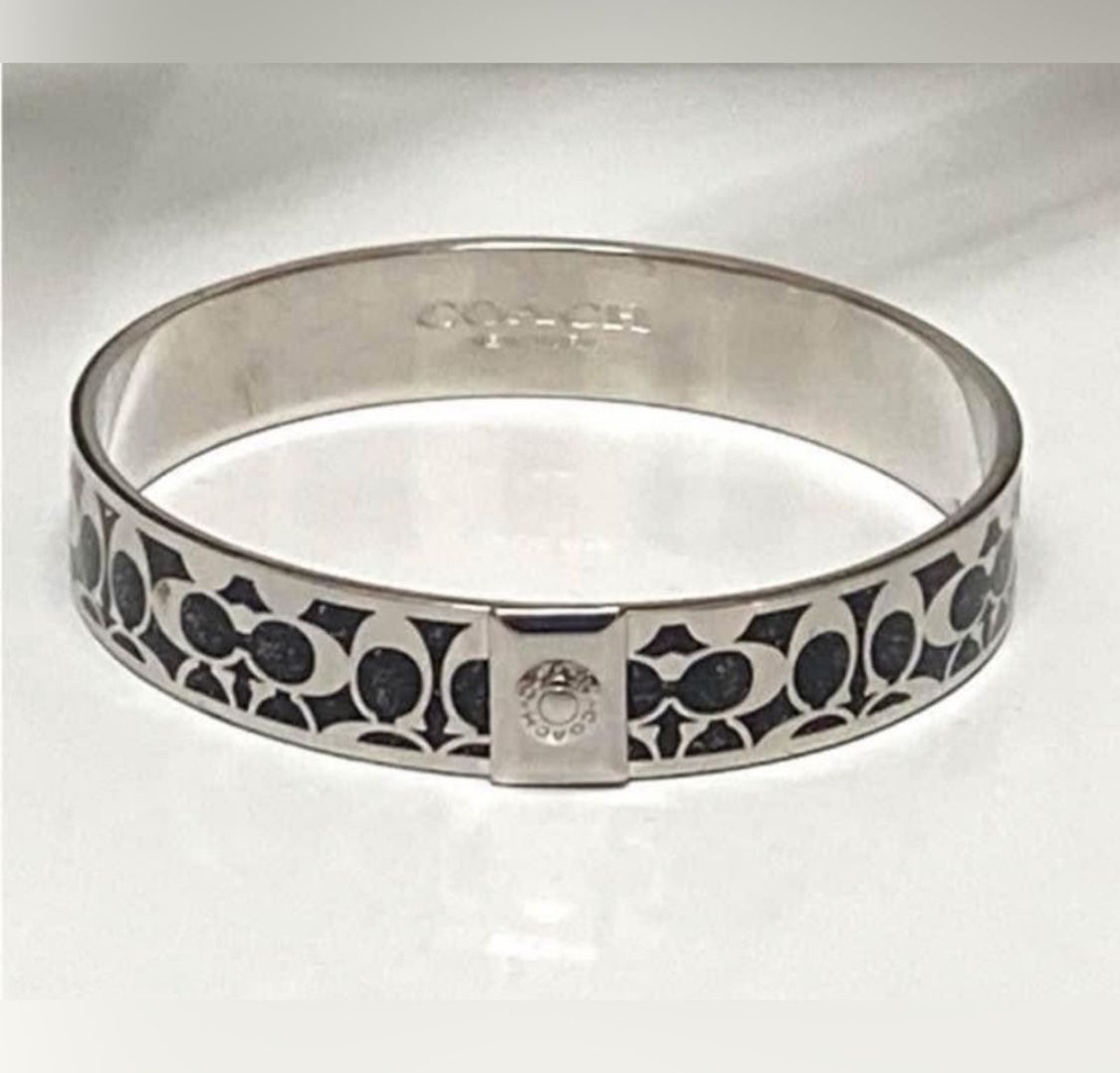 COACH, C Signature Metallic Black & Silver Bangle Bracelet