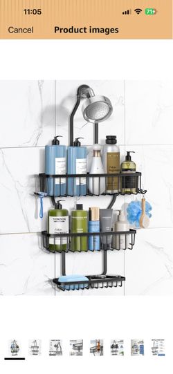 Shower Caddy Hanging - Never Rust Shower Hanging Organizer - Aluminum Over the ShowerHead Caddy with Soap Basket and 6 Hooks for Razor/Sponge (Black)