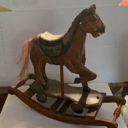 Vintage Hand Carved Wooden Carousel Rocking Horse on Wheels Folk Art Hair Tail