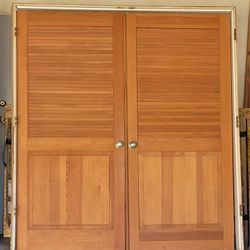 72x80 Douglas Fir Raised Panel Louvered Doors with Frame