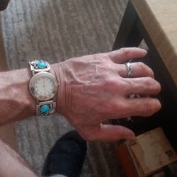 Vintage Sterling Silver Turquoise Southwestern Indian La Scarla Watch, And A Sterling Silver Turquoise Size 8 Ring.