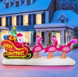 10FT Long Christmas Inflatable Flamingo Pull Sleigh Take Santa