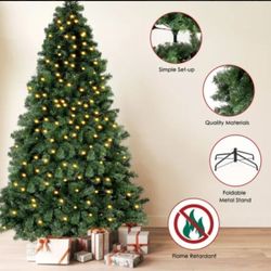 Artificial Holiday Green Christmas Pine Tree for Home, Office, Party Decoration w/250 Warm White Lights, Metal Hinges & Base, 6.5ft Green Christmas Pi