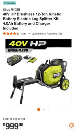 Ryobi 40V HP Brushless 12-Ton Electric Log Splitter Kit
