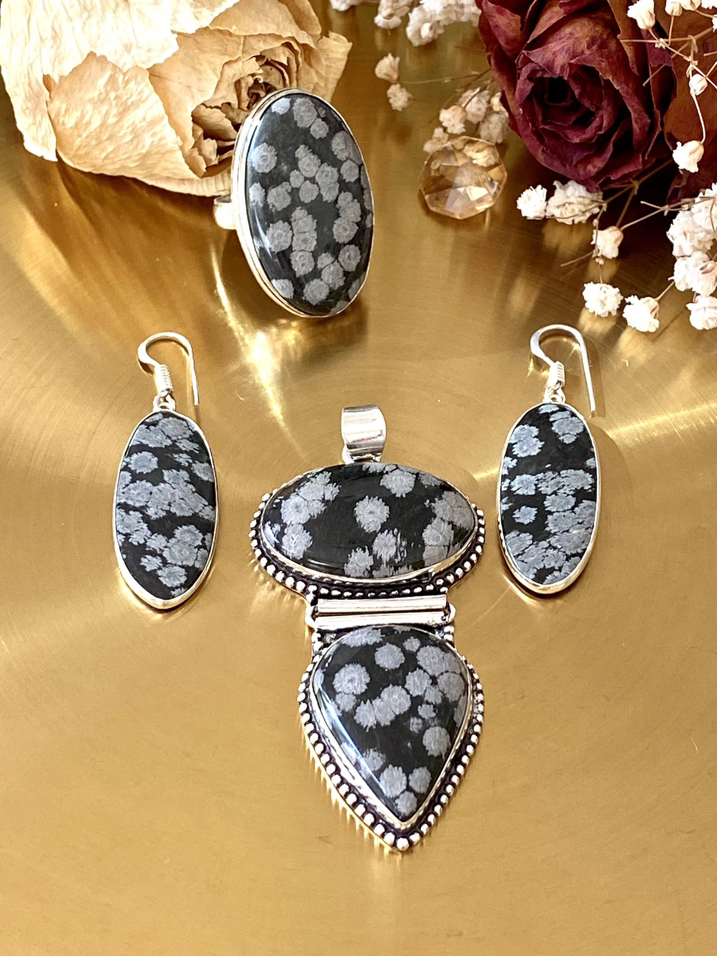 Snowflake Obsidian 925 Sterling Silver Overlay Handcrafted Earrings 
