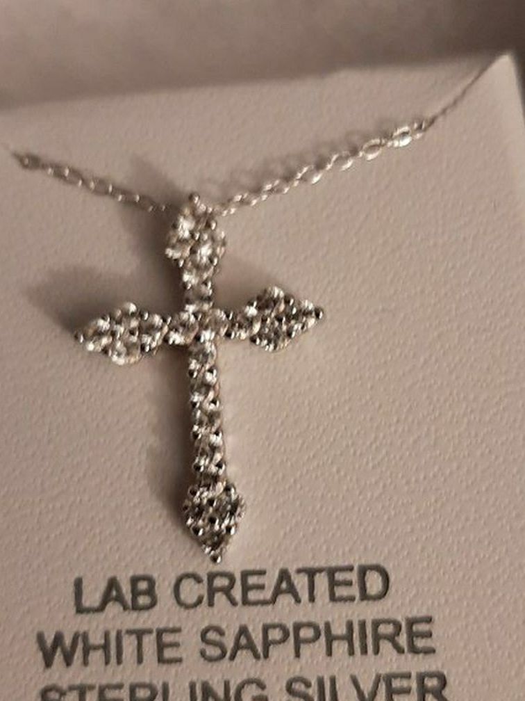 White Sapphire Cross Necklace Sterling Silver