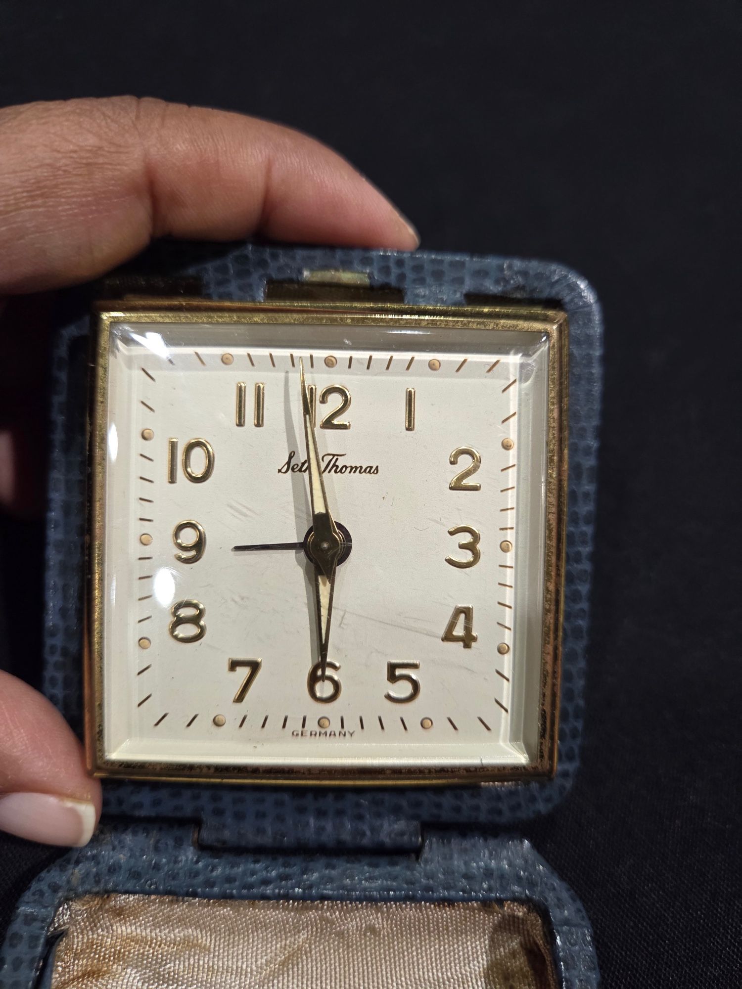 Vintage Seth Thomas Folding Travel Wind Up Alarm Clock Germany MCM -WORKS! 3"x3"