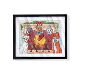 custom art piece of disney aristocats celebrating Christmas on a black frame