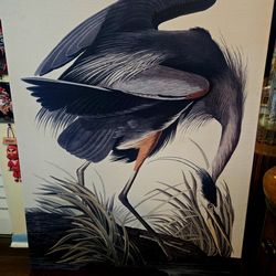 Large 54.5"×39" Great Blue Heron Crewel Embroidery