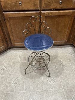 Vintage Adjustable Vanity Stool W/ Blue Seat 