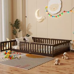 Queen Size Montessori Floor Bed with Slats, Door and Guardrails, Espresso