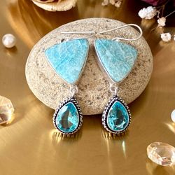 Amazonite And Blue Topaz 925 Sterling Silver Overlay Handcrafted Earrings