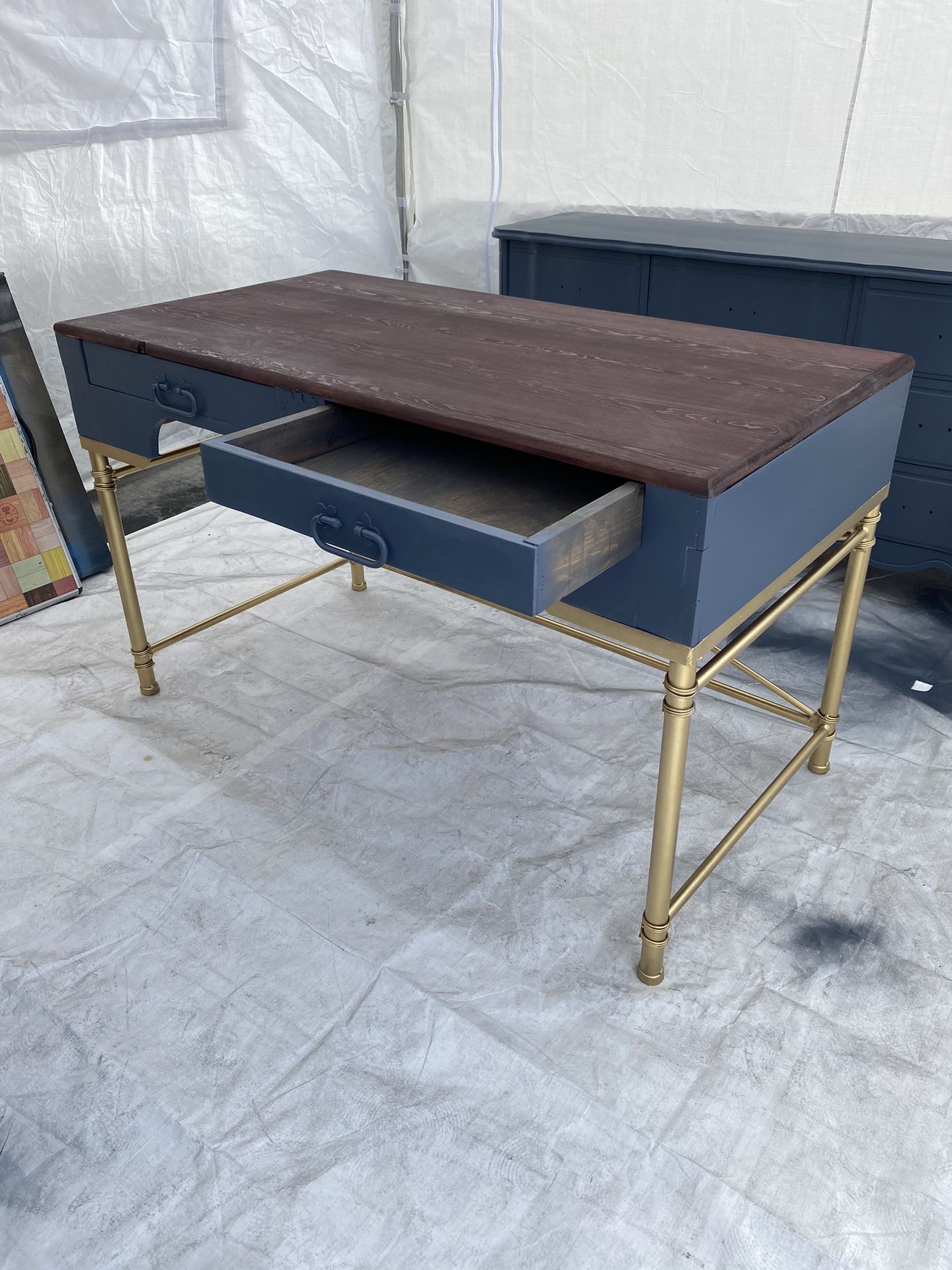 vintage wood Modern style metal base desk with 2 drawers red wood top