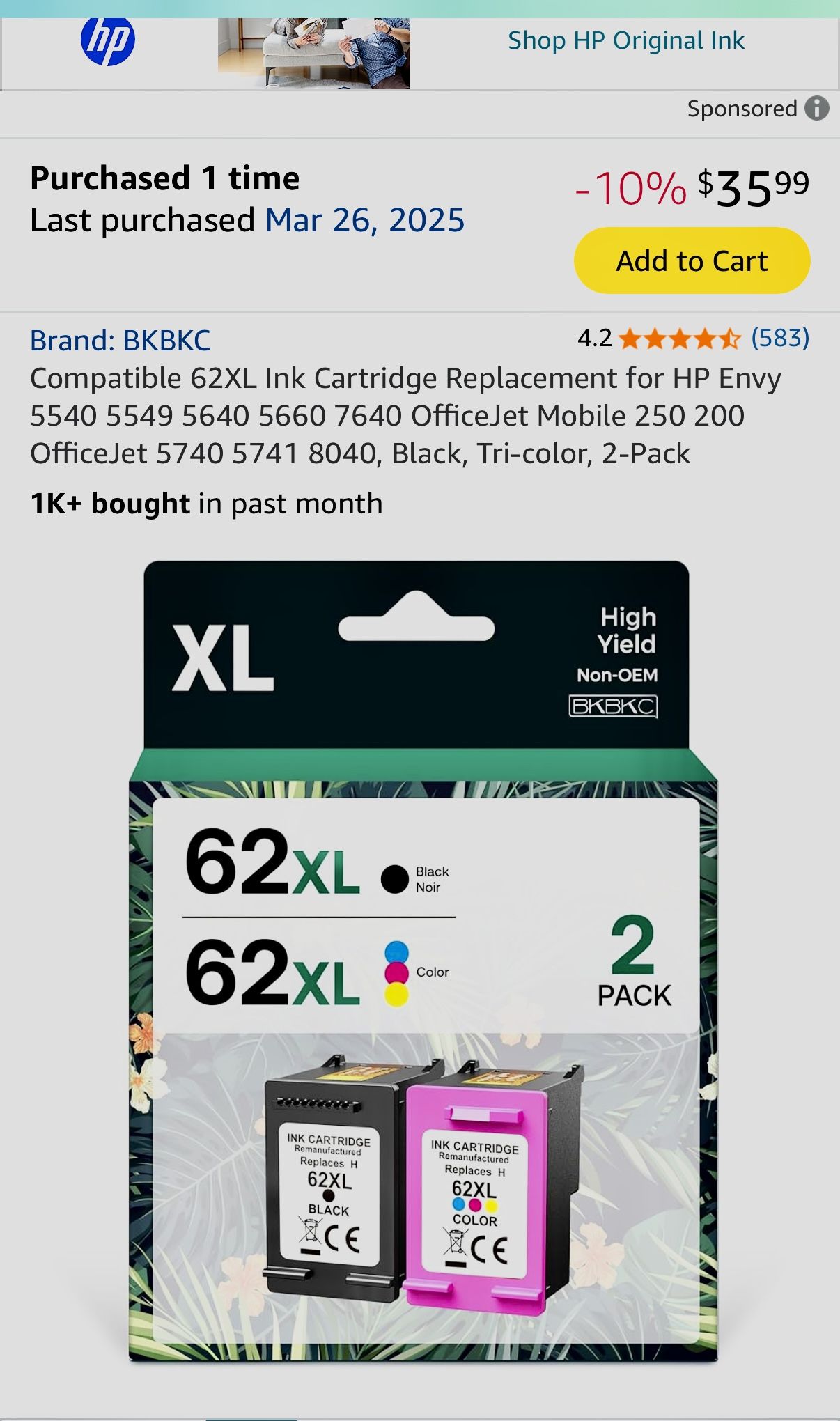 New in box: 2 pack HP 62xl printer cartridges