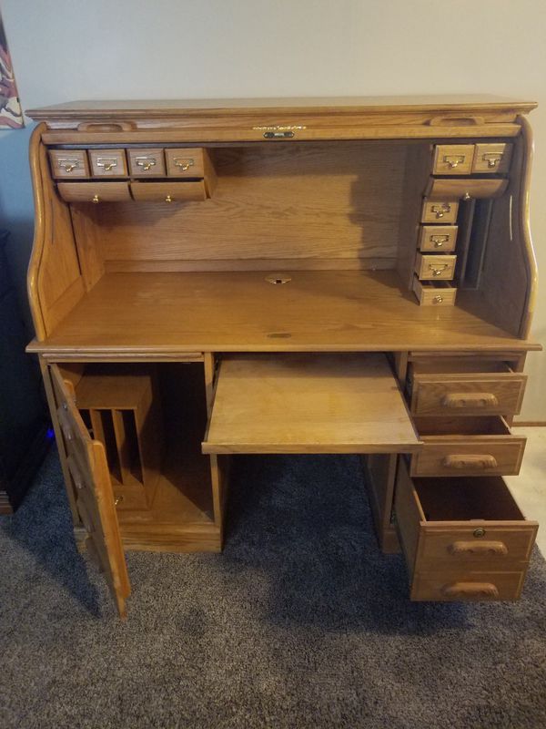 Solid Oak Roll Top Computer Desk With Office Chair For Sale In