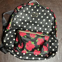 Polkadot & roses, leather, backpack, Betsey, Johnson, NWOT, black, white, red, White 