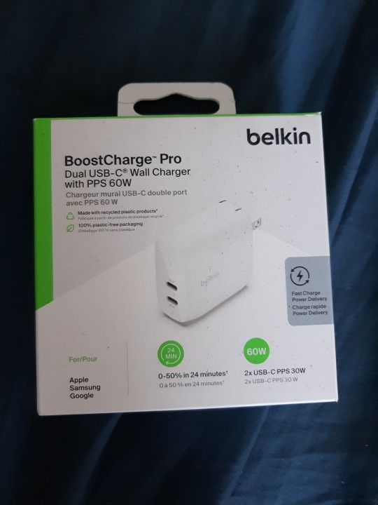 Belkin WCY011dqWH BoostCharge Dual USB-C Wall Charger w/PPS 60W, White