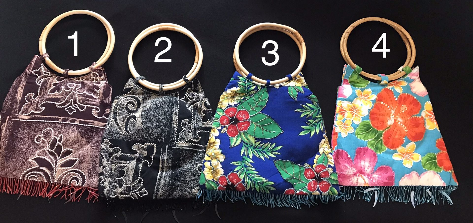 Tropical Beaded Fabric Handbags with Bamboo Handles