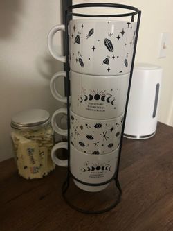 Assorted mugs with rack