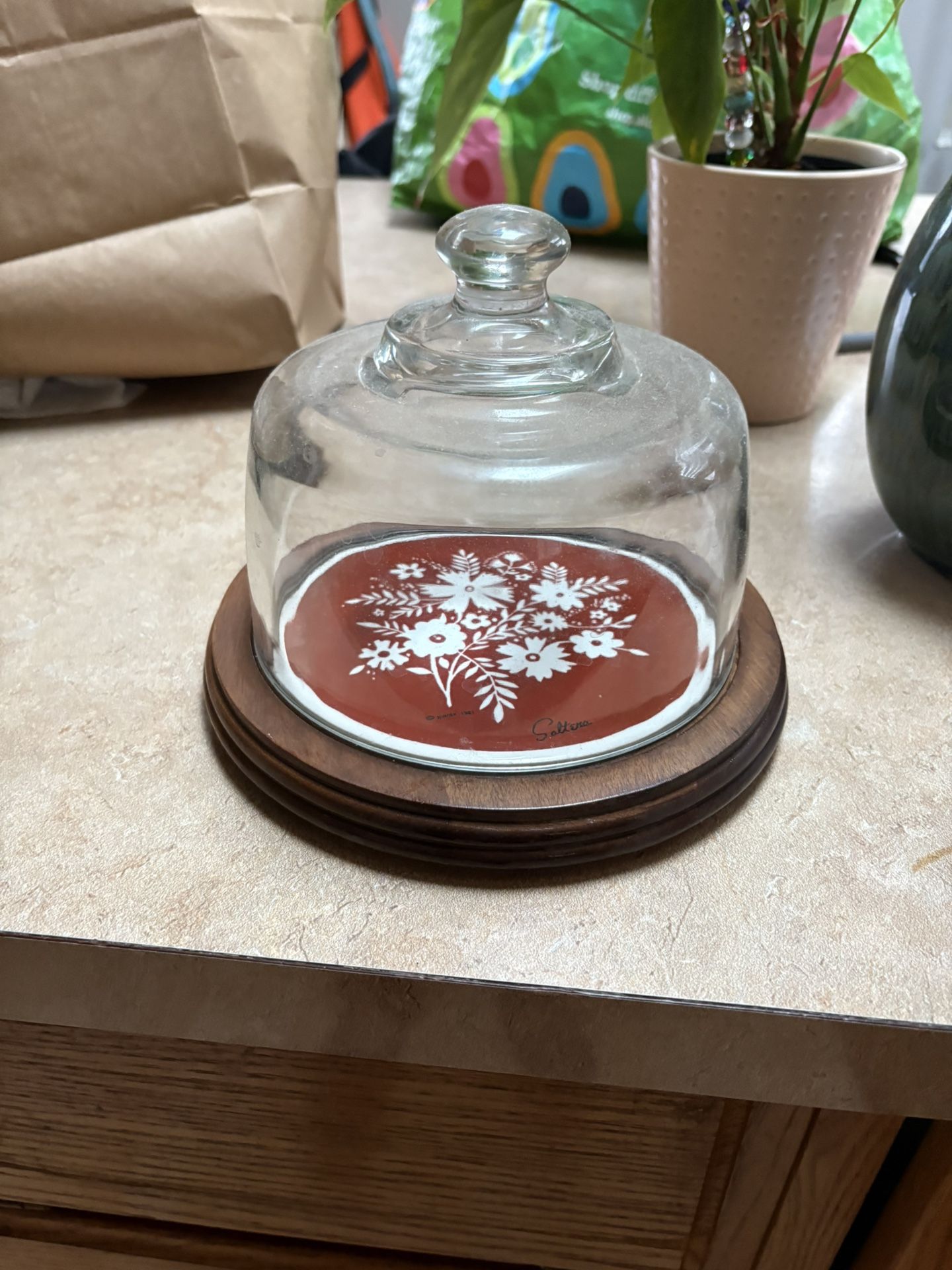 vintage Saltera glass cloche with a tile-on-wood cheese board