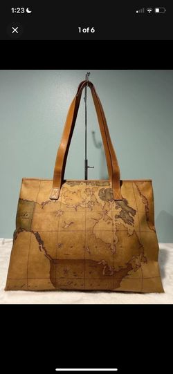ALVIERO MARTINI 1a Classe - Italian Leather World Map Print Travel Tote Bag