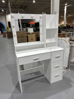 M-New (Different handles) White Vanity Desk with LED Lighted Mirror, Makeup Vanity Desk with 4 Drawers Storage & Power Outlet, 3 Color Modes & Adjusta