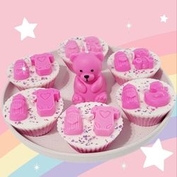Set of Teddy bear candle and 6 decorate pink candles in the shape of cupcakes 