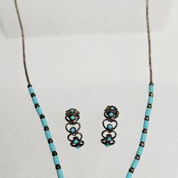 Vtg Navajo Sterling With Turquoise Pendant And Beads Necklace 16”L With Earrings