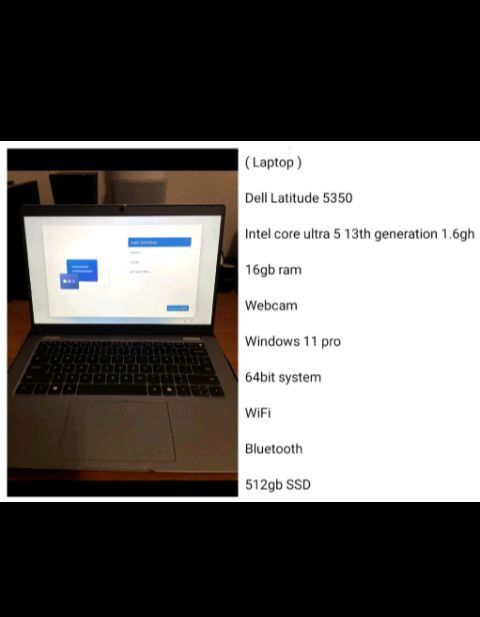 ( Laptop )

Dell Latitude 5350

Intel core ultra 5 13th generation 1.6ghz

16gb ram

Webcam 

Windows 11 pro 512gb SSD