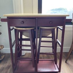 Small Solid Wood Drop-leaf Table With Stools