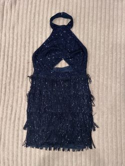 Navy Blue Sequin Fringe Halter Mini Dress