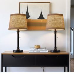 Oneach Cottage Style Black Pull Chain Table Lamps Set of 2 for Bedroom Living Room 19.5'' Traditional Bedside Desk Nightstand Buffet Candlestick Samll