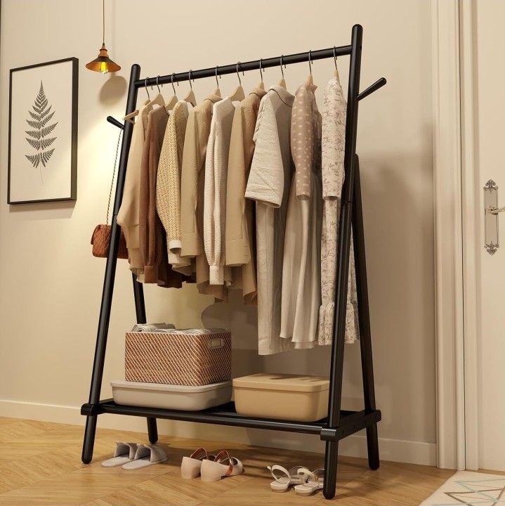 NEW Solid Wood Clothes Rack, Clothing Rack with Shelf and Hook, Sturdy and Portable