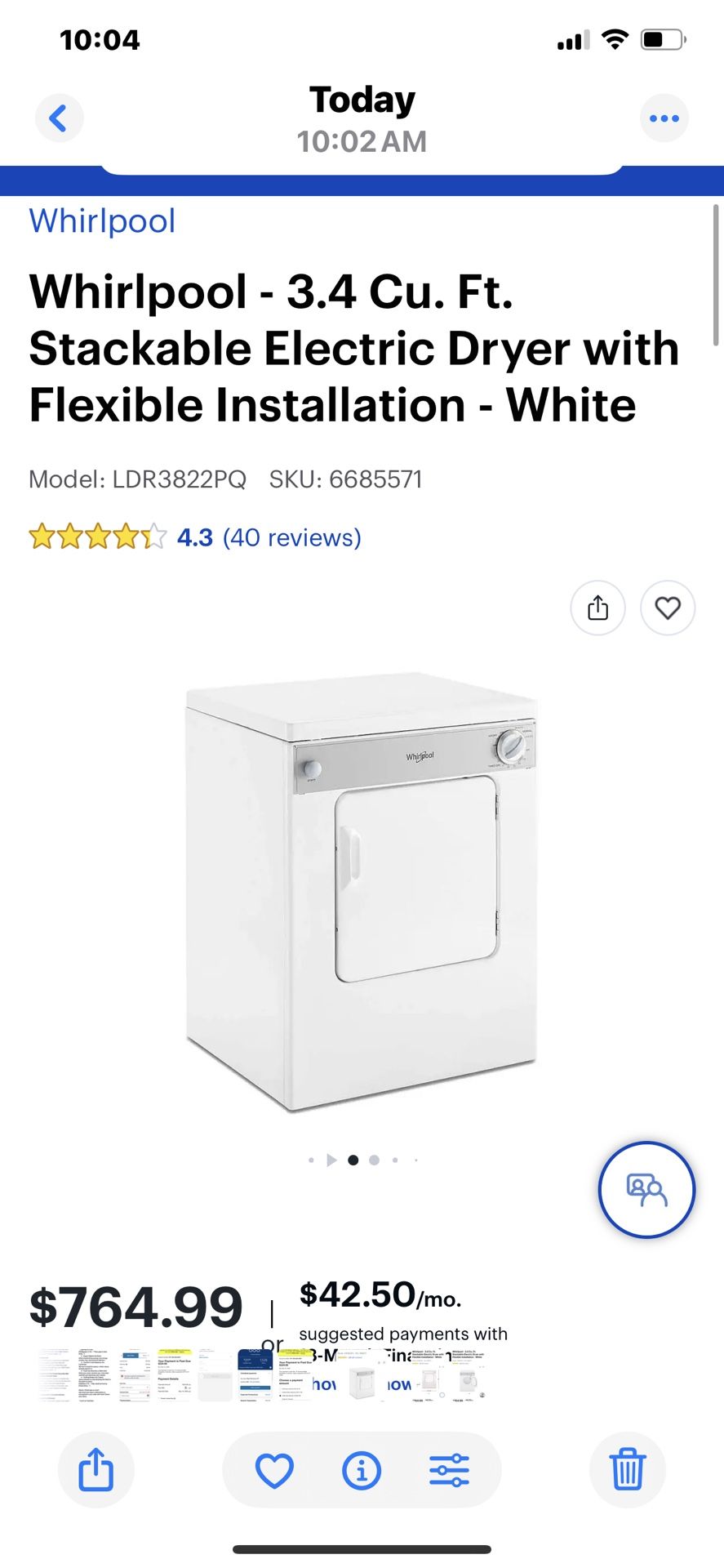 Whirlpool 3.4 Cubic Feet Stackable Electrical Dryer